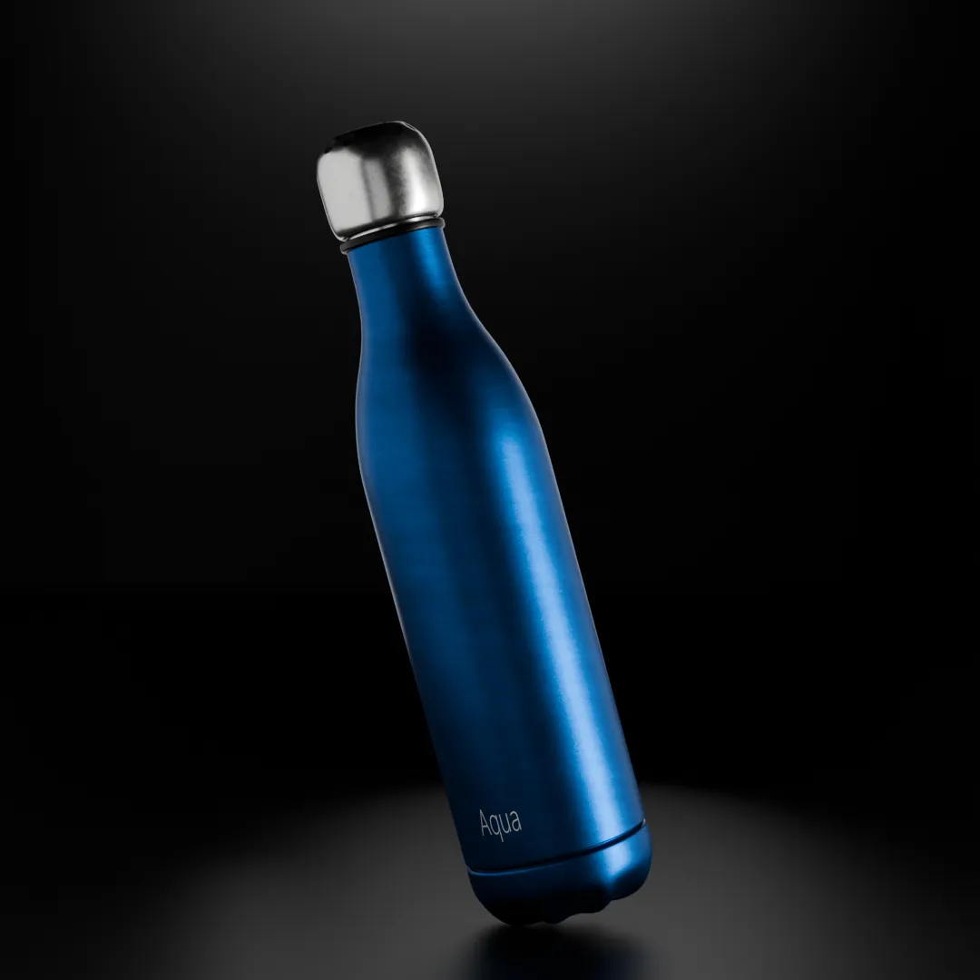3D render of a blue Aqu insulated steel water bottle on a dark studio background