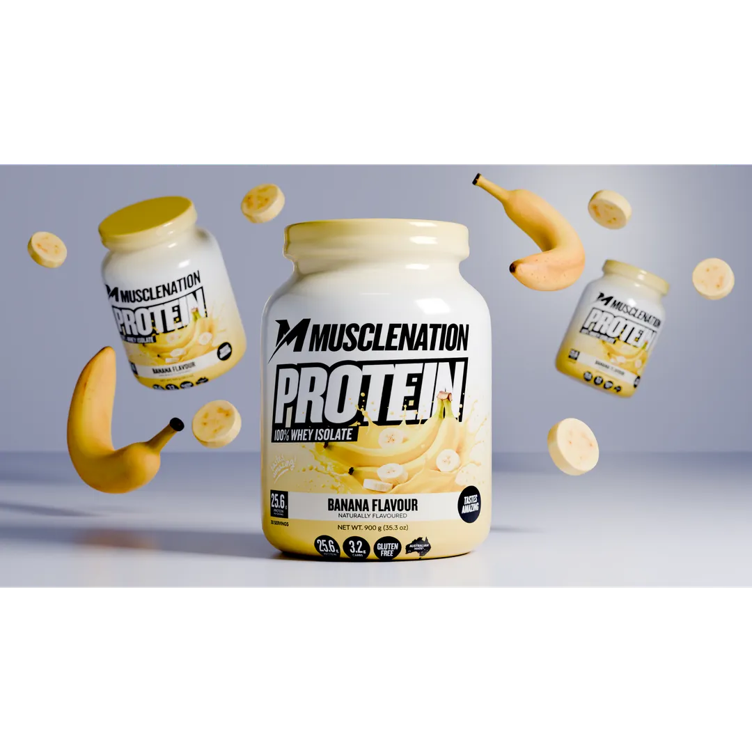 3D render of a MuscleNation banana flavour protein powder jar with floating bananas